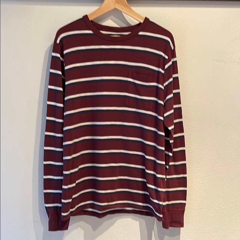 JCrew Knit Goods Slub Cotton Striped Maroon Long Sleeve Shirt, Size L